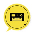 Black Music synthesizer icon isolated on white background. Electronic piano. Yellow speech bubble symbol. Vector