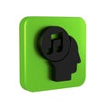 Black Musical note in human head icon isolated on transparent background. Green square button. Royalty Free Stock Photo