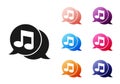 Black Musical note in speech bubble icon isolated on white background. Music and sound concept. Set icons colorful Royalty Free Stock Photo