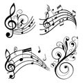 Black musical notes and clefs with decorative swirls treble clef musical staff Royalty Free Stock Photo