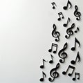 Black musical notes scattered on a clean white background. Symbols include treble clefs eighth notes and quarter notes. The Royalty Free Stock Photo