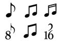 Black musical notes on a white background illustrate various note Royalty Free Stock Photo