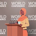 black muslim female doctor giving speech at tribune with microphone medical world conference medicine healthcare