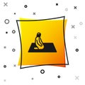 Black Muslim man prays on the carpet icon isolated on white background. Yellow square button. Vector