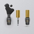 Black nail Polish with gold cap on transparent background, vector illustration