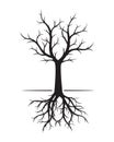 Black naked Tree with Roots. Vector Illustration.