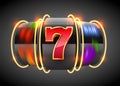 Black Neon slot machine wins the jackpot. 777 Big win casino concept. Royalty Free Stock Photo