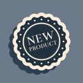 Black New product label, badge, seal, sticker, tag, stamp icon isolated on grey background. Long shadow style. Vector Royalty Free Stock Photo