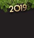 Black 2019 New Year background with fir branches.