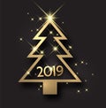 Black 2019 New Year background with gold Christmas tree.