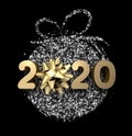 Black 2020 New Year card with golden bow