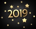 Black 2019 New Year 3d background with gold stars.