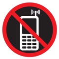 Black no phone sign. Prohibition of cellphone use. Vector illustration with warning symbol. Forbidden mobile communication icon Royalty Free Stock Photo