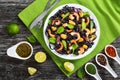 Black noodles salad with prawns, mussels, spinach, lettuce, arug Royalty Free Stock Photo