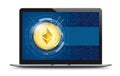 Black Notebook Golden Ethereum Coin Blue Screen Royalty Free Stock Photo