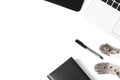 Black notebook and pen, smartphone, white laptop, gray cat paws on a white background. Royalty Free Stock Photo