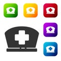 Black Nurse hat with cross icon isolated on white background. Medical nurse cap sign. Set icons in color square buttons