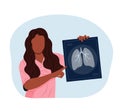 A black nurse is holding an x-ray of the lungs. World Asthma Day. Vector illustration.