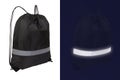 Black nylon drawstring bag with reflective tape