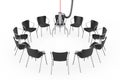 Black Office Chairs Around Chrome Robotic Claw. 3d Rendering
