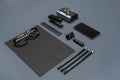 Black office stuff collection flat lay. Top view on set of stationery with smartphone Royalty Free Stock Photo
