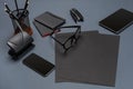 Black office stuff collection flat lay. Top view on set of stationery with smartphone and tablet Royalty Free Stock Photo