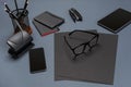 Black office stuff collection flat lay. Top view on set of stationery with smartphone and tablet Royalty Free Stock Photo