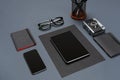 Black office stuff collection flat lay. Top view on set of stationery with smartphone and tablet Royalty Free Stock Photo