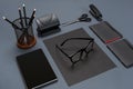 Black office stuff collection flat lay. Top view on set of stationery with tablet Royalty Free Stock Photo