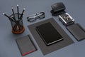 Black office stuff collection flat lay. Top view on set of stationery with tablet Royalty Free Stock Photo