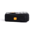 Black Officer body cam with yellow orange button sos. Personal Wearable Video Recorder, Portable DVR, camera isolated on white