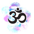 Black Ohm symbol on hand-drawn colorful pastel background, indian Diwali spiritual sign Om. Print, tattoo, yoga, spirituality.