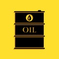 Black Oil barrel icon isolated on yellow background. Oil drum container. For infographics, fuel, industry, power