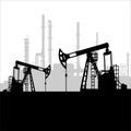 Black oil pump jack silhouette and factory view. Petroleum industry. Vector template for web, infographics or interface design. Royalty Free Stock Photo