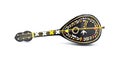 black old antique bouzouki mandolin toy music box with multi colored ornate inlay of yellow, blue, red, pink, orange, blue and cat