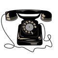 Black phone with a dial disk, handset, and wire. Isolated old phone vector illustration. Vintage phone design. Royalty Free Stock Photo