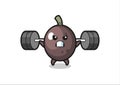 Black olive mascot cartoon with a barbell