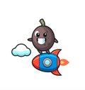 Black olive mascot character riding a rocket
