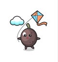 Black olive mascot illustration is playing kite