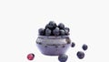 Black olives in the bowl on white background. Close up shot of fresh Jamun fruit in bowl. Copy space Royalty Free Stock Photo