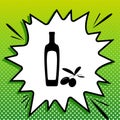 Black olives branch with olive oil bottle sign. Black Icon on white popart Splash at green background with white spots. Royalty Free Stock Photo