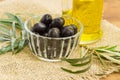 Black olives in small glass bowl closeup Royalty Free Stock Photo