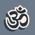 Black Om or Aum Indian sacred sound icon isolated on grey background. Symbol of Buddhism and Hinduism religions. The Royalty Free Stock Photo