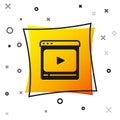 Black Online play video icon isolated on white background. Film strip with play sign. Yellow square button. Vector Royalty Free Stock Photo