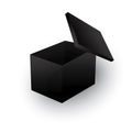 Black open black box. Realistic presentation mockup. Empty open gift box template. Stock image. Vector illustration
