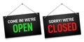 Black open and closed sign. Dark shop door signboards, come in and sorry we are closed outdoors signboard vector illustration Royalty Free Stock Photo