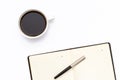 The black open diary, pen and a Cup of black coffee on white background Royalty Free Stock Photo