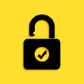 Black Open Padlock Icon Isolated On Yellow Background. Opened Lock Sign. Cyber Security Concept. Digital Data Protection