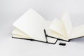 Black open small notepad and gel pen lie in unfold large notebook with blank light beige pages. White back Royalty Free Stock Photo