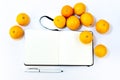 Black open small notepad, white pen near unfold notebook, note with blank empty light pages among tangerines Royalty Free Stock Photo